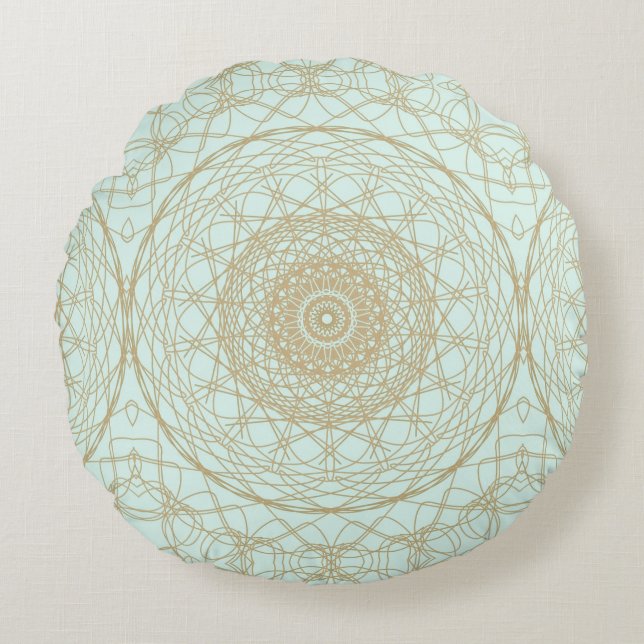 Circle and lines beige shapes light blue back round pillow (Front)