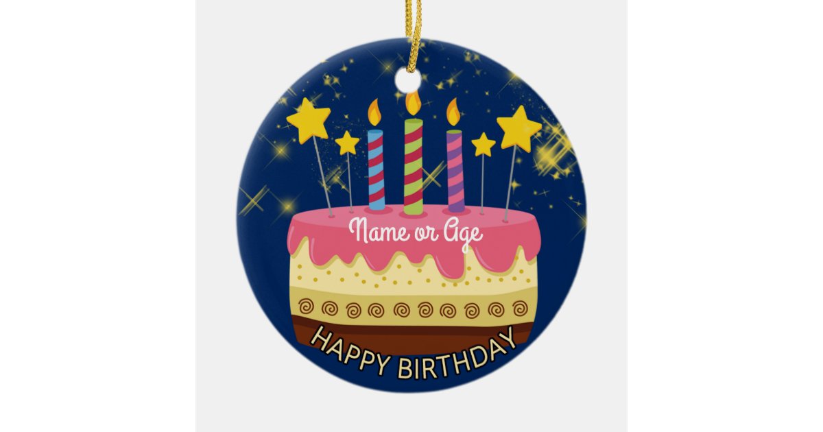Circle Birthday Cake With Stars Sparklers Ceramic Ornament Zazzle Com