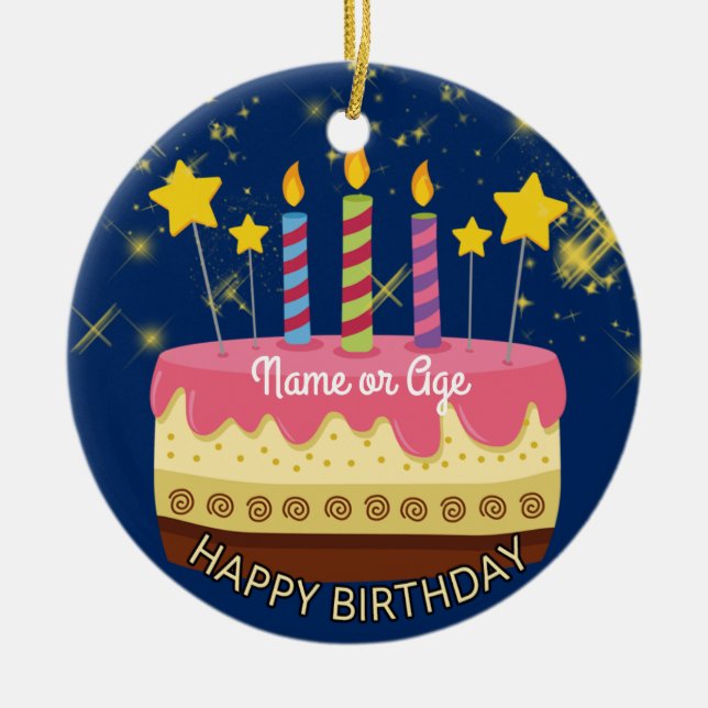 CIRCLE BIRTHDAY Cake with Stars & Sparklers Ceramic Ornament (Front)