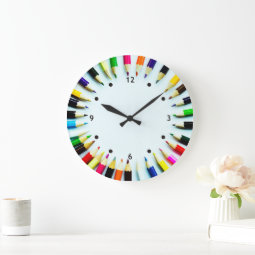 Circle colorful pencils / crayons + your ideas large clock | Zazzle