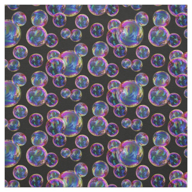 Circle, colorful, rainbow bubbles, dots on black fabric (Swatch)