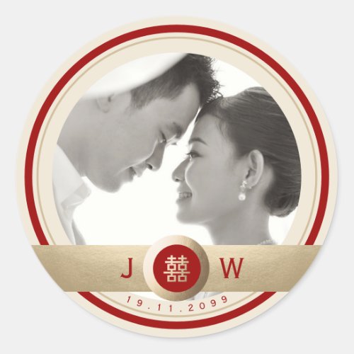 Circle Double Happiness Chic Chinese Wedding Photo Classic Round Sticker