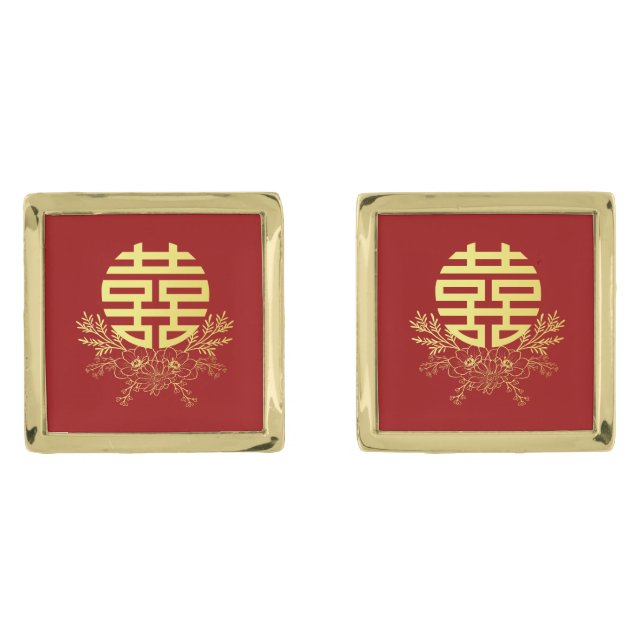 Circle double happiness flower chinese wedding cufflinks (Front)
