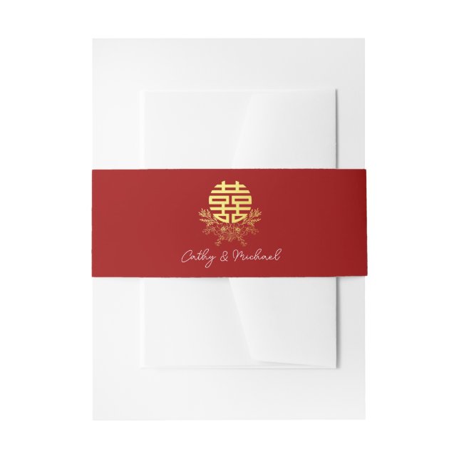 Circle double happiness flower chinese wedding invitation belly band (Front Example)
