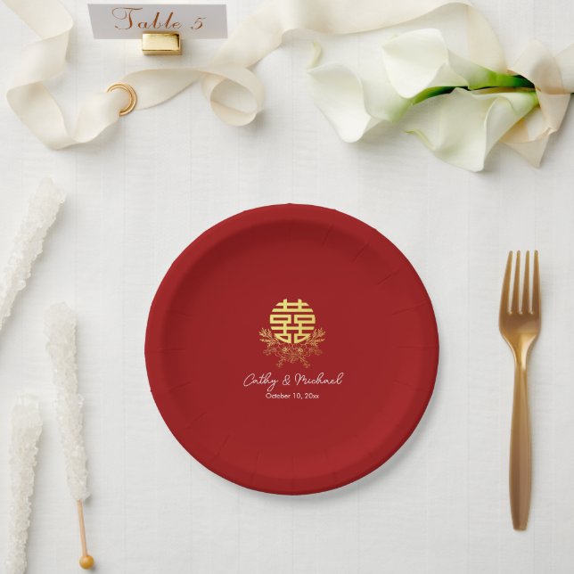 Circle double happiness flower chinese wedding paper plates (Wedding)