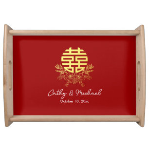 Circle double happiness flower chinese wedding serving tray