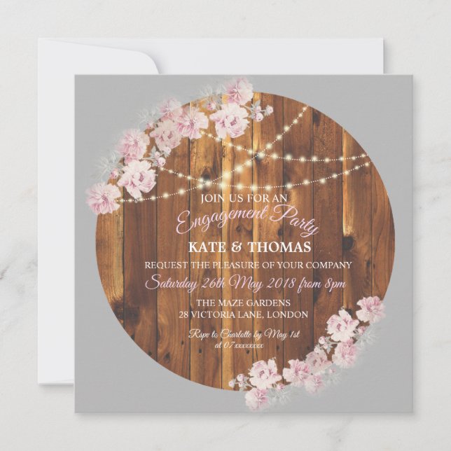 Circle Floral Light Strings Wood Engagement Card (Front)