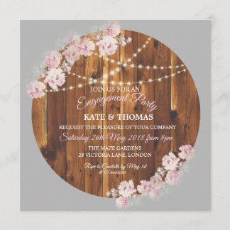 Circle Floral Light Strings Wood Engagement Card