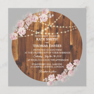 Circle Floral Light Strings Wooden Wedding Invite