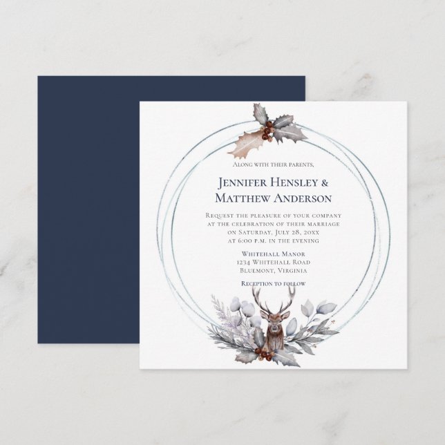 Circle Frame Deer Antlers Holly Berry Wedding Invitation (Front/Back)