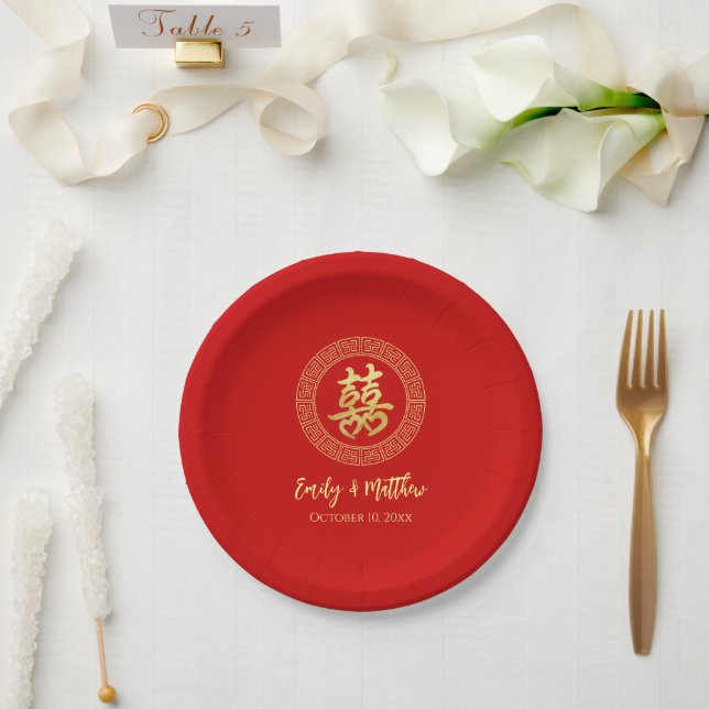 Circle frame double happiness Chinese wedding Paper Plates (Wedding)