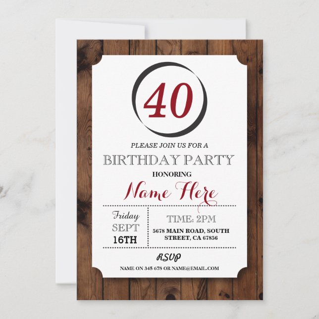 Circle Inverse 40 Wood Surprise Birthday Invite (Front)