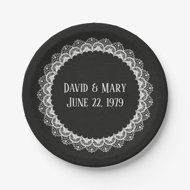 Circle Lace On Black Leather Paper Plates (Front)