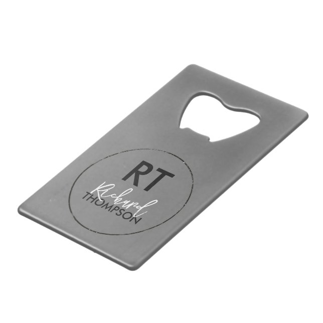 Circle Logo Monogram Gray Credit Card Bottle Opener (Front Angled)