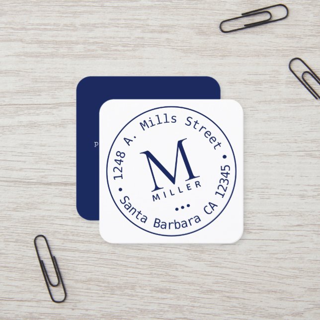 Circle Monogram dark-blue rounded border Square Business Card (Front/Back In Situ)