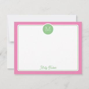 Circle Monogram Initial Preppy Pink Green Note Card