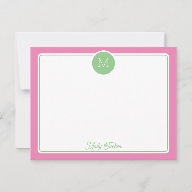 Circle Monogram Initial Preppy Pink Green Note Card (Front)