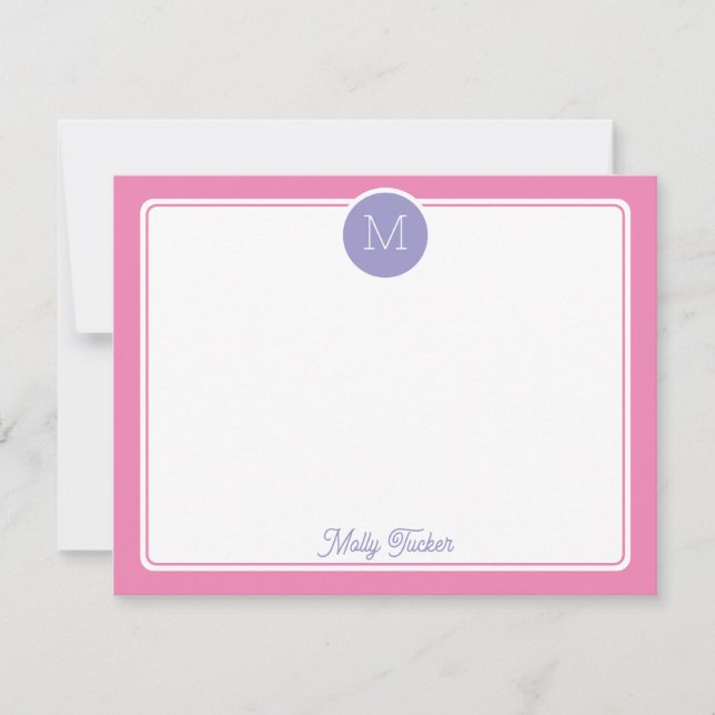 Circle Monogram Initial Preppy Pink Purple Note Card (Front)