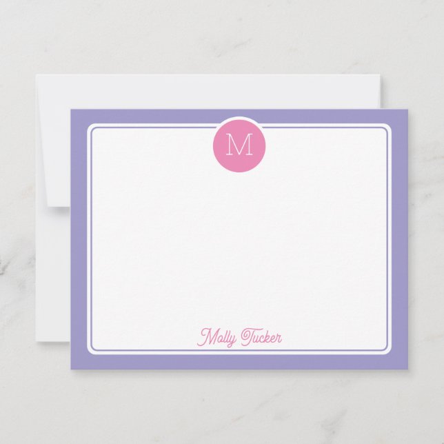 Circle Monogram Initial Preppy Pink Purple Note Card (Front)