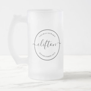 circle monogram minimalist name est editable frosted glass beer mug