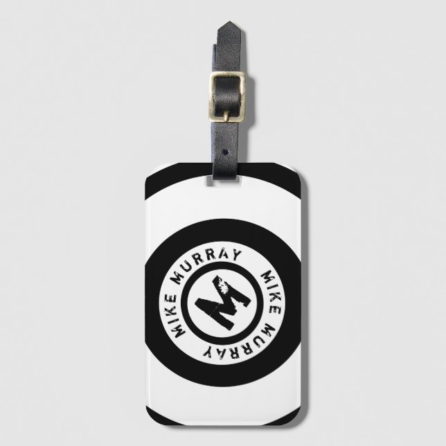 circle monogram modern black white luggage tag (Front Vertical)