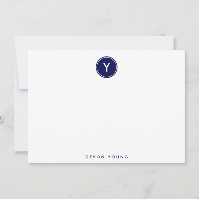 Circle Monogram Navy Blue Personalized Flat Note Card (Front)
