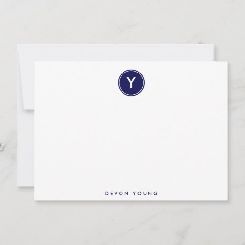 Circle Monogram Navy Blue Personalized Flat Note Card