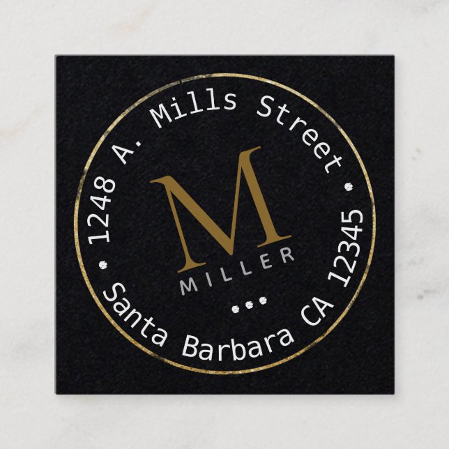 circle monogram on black square business card (Front)