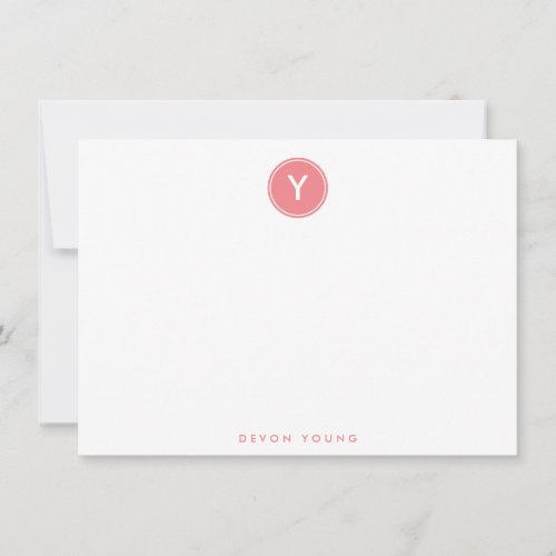 Circle Monogram Pink Coral Personalized Flat Note Card