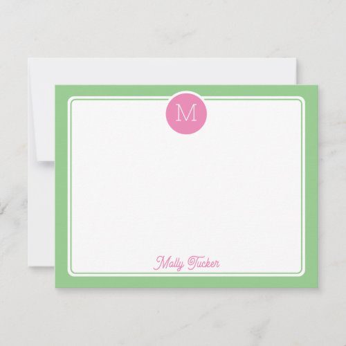 Circle Monogram Preppy Pink  Green Note Card
