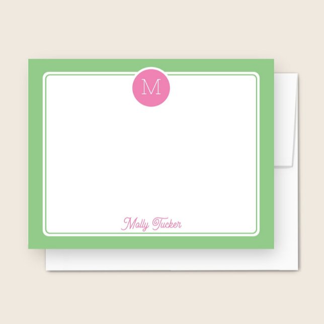 Circle Monogram Preppy Pink & Green Note Card (Creator Uploaded)