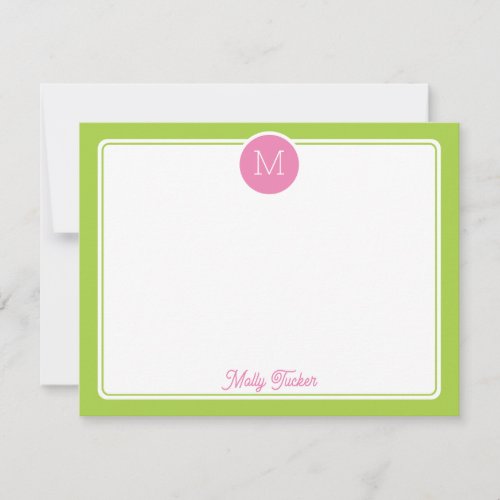 Circle Monogram Preppy Pink  Lime Green Note Card