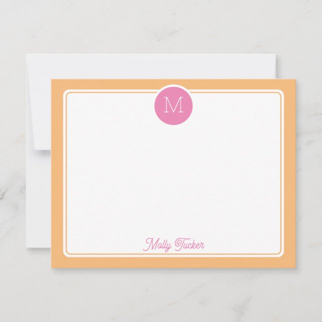 Circle Monogram Preppy Pink & Orange Sherbet Note Card (Front)