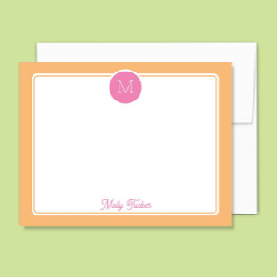 Circle Monogram Preppy Pink & Orange Sherbet Note Card