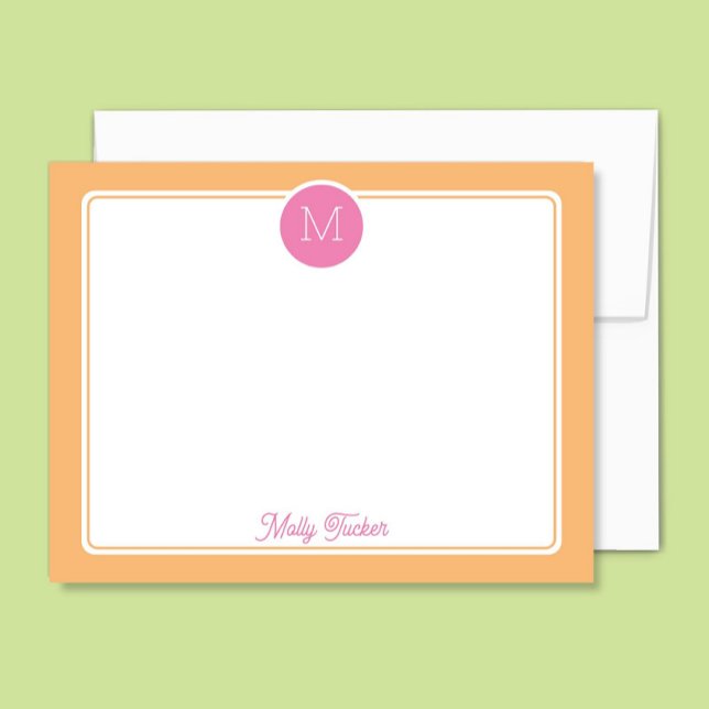 Circle Monogram Preppy Pink & Orange Sherbet Note Card (Creator Uploaded)