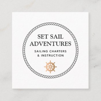 Circle Nautical Rope Gold Ship Wheel White Square Business Card by sm_business_cards at Zazzle