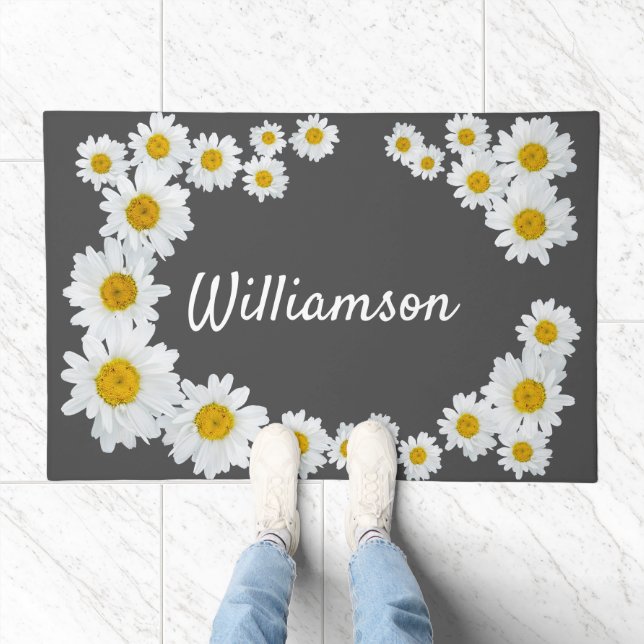 Circle of Daisies on Dark Gray Monogram  Doormat (Indoor)
