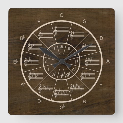Circle of Fifths on Dark Walnut for Musicians Square Wall Clock