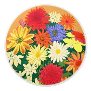 Circle of Flowers, Colored Daisies and Asters Ceramic Knob