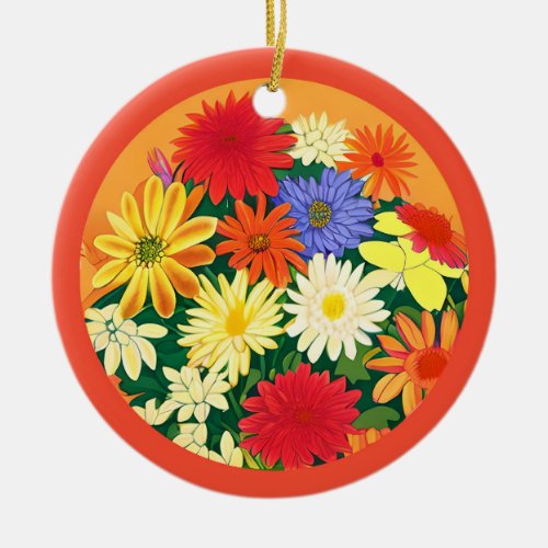 Circle of Flowers Colored Daisies and Asters Ceramic Ornament