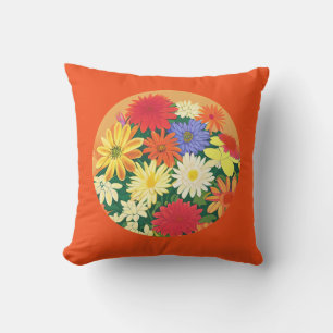 Circle of Flowers, Colored Daisies and Asters Outdoor Pillow