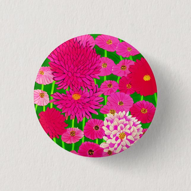 Circle of Flowers, Fuchsia Pink Chrysanthemums  Button (Front)