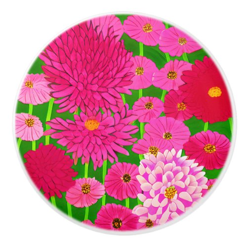 Circle of Flowers Fuchsia Pink Chrysanthemums Ceramic Knob