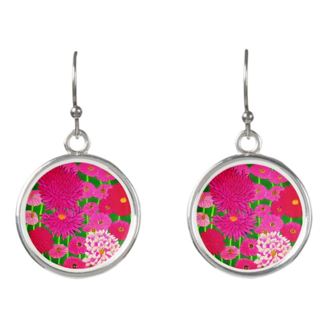 Circle of Flowers, Fuchsia Pink Chrysanthemums  Earrings (Front)