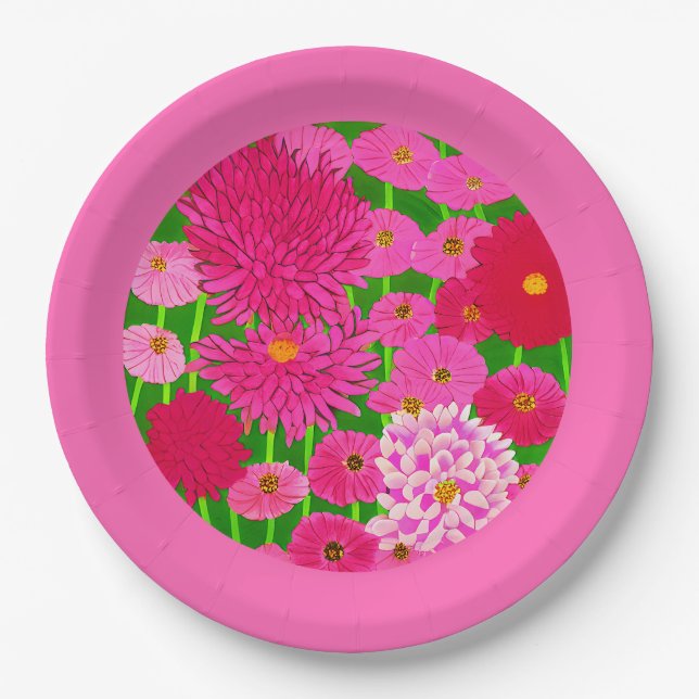 Circle of Flowers, Fuchsia Pink Chrysanthemums  Paper Plates (Front)