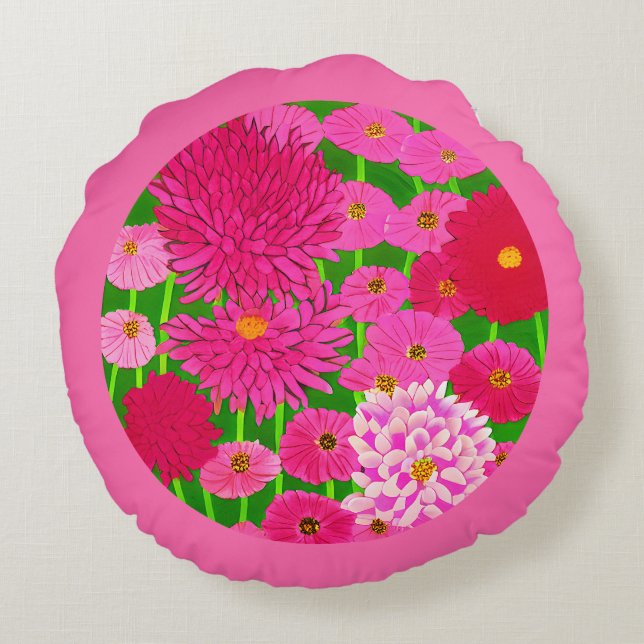 Circle of Flowers, Fuchsia Pink Chrysanthemums  Round Pillow (Back)