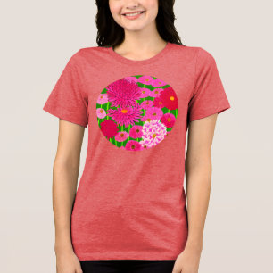 Circle of Flowers, Fuchsia Pink Chrysanthemums Tri-Blend Shirt