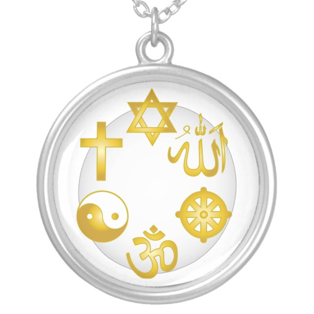 Circle of Golden Religious Symbols Silver Plated Necklace (Front)