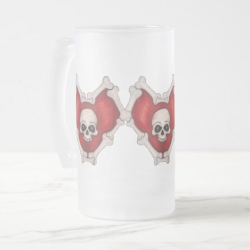 Circle of Gothic Red Hearts With Bones and Skulls Frosted Glass Beer Mug