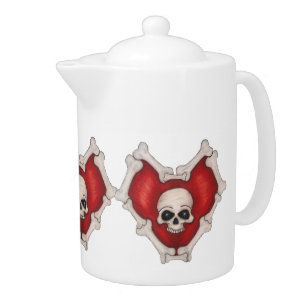 Circle of Gothic Red Hearts With Skulls and Bones Teapot